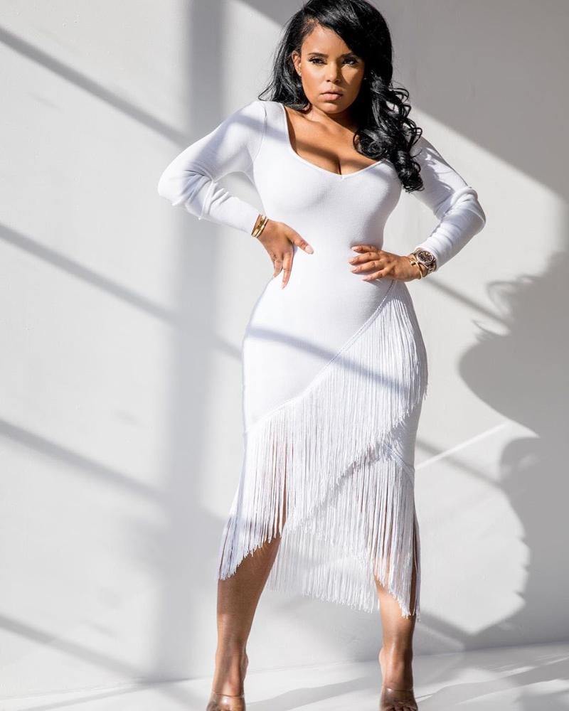 elegant lady irregular long sleeve slim tight bodycon fringe tassel club dress