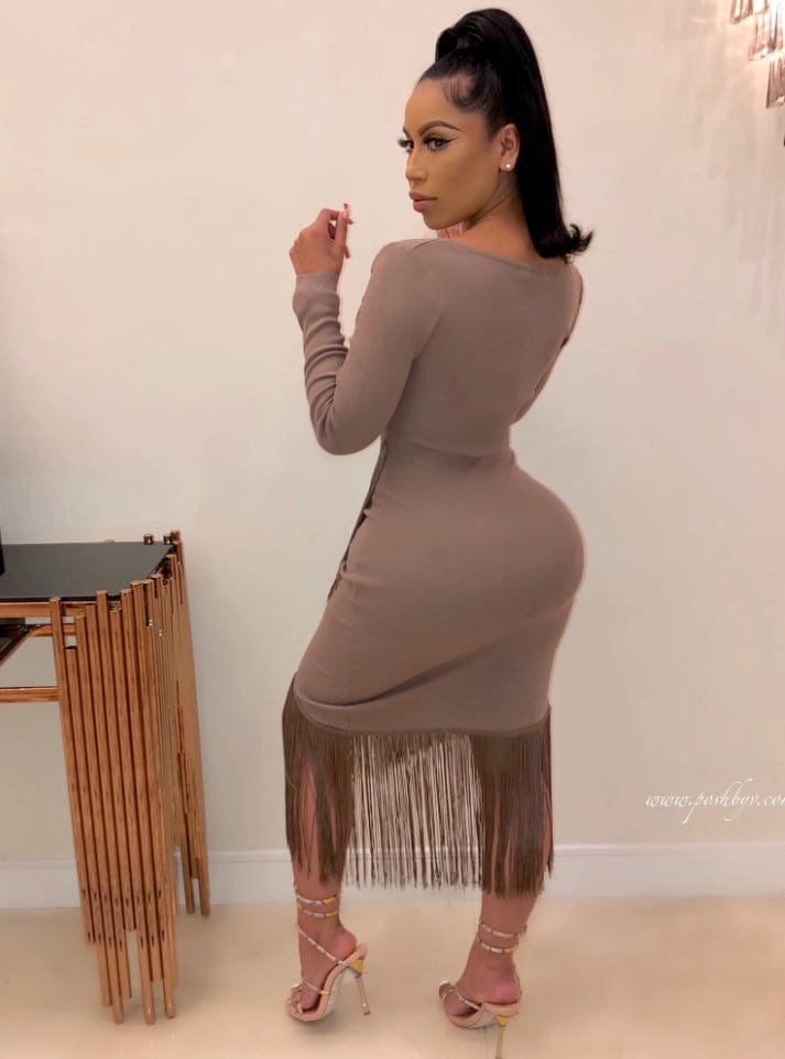 elegant lady irregular long sleeve slim tight bodycon fringe tassel club dress