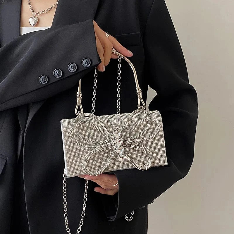 Elegant Luxury Evening Diamonds Clutch Bag Female Matel Handle Flap Crossbody Bags Women Party Butterfly Rhinestone Handbags