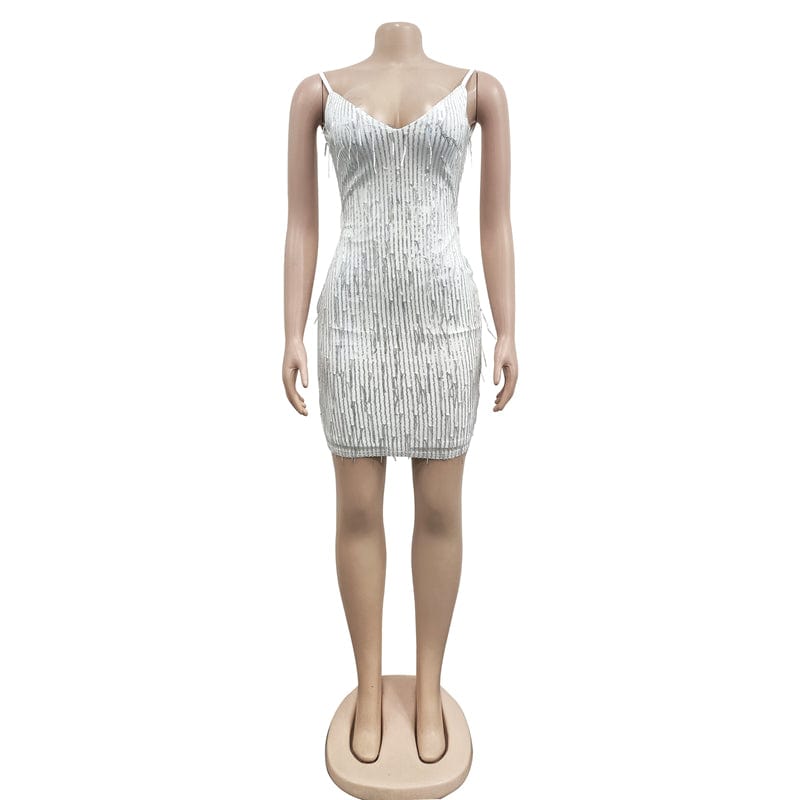 elegant luxury women sexy sequin tassel backless sleeveless sling dance party club evening dress with sequin tassel for wedding