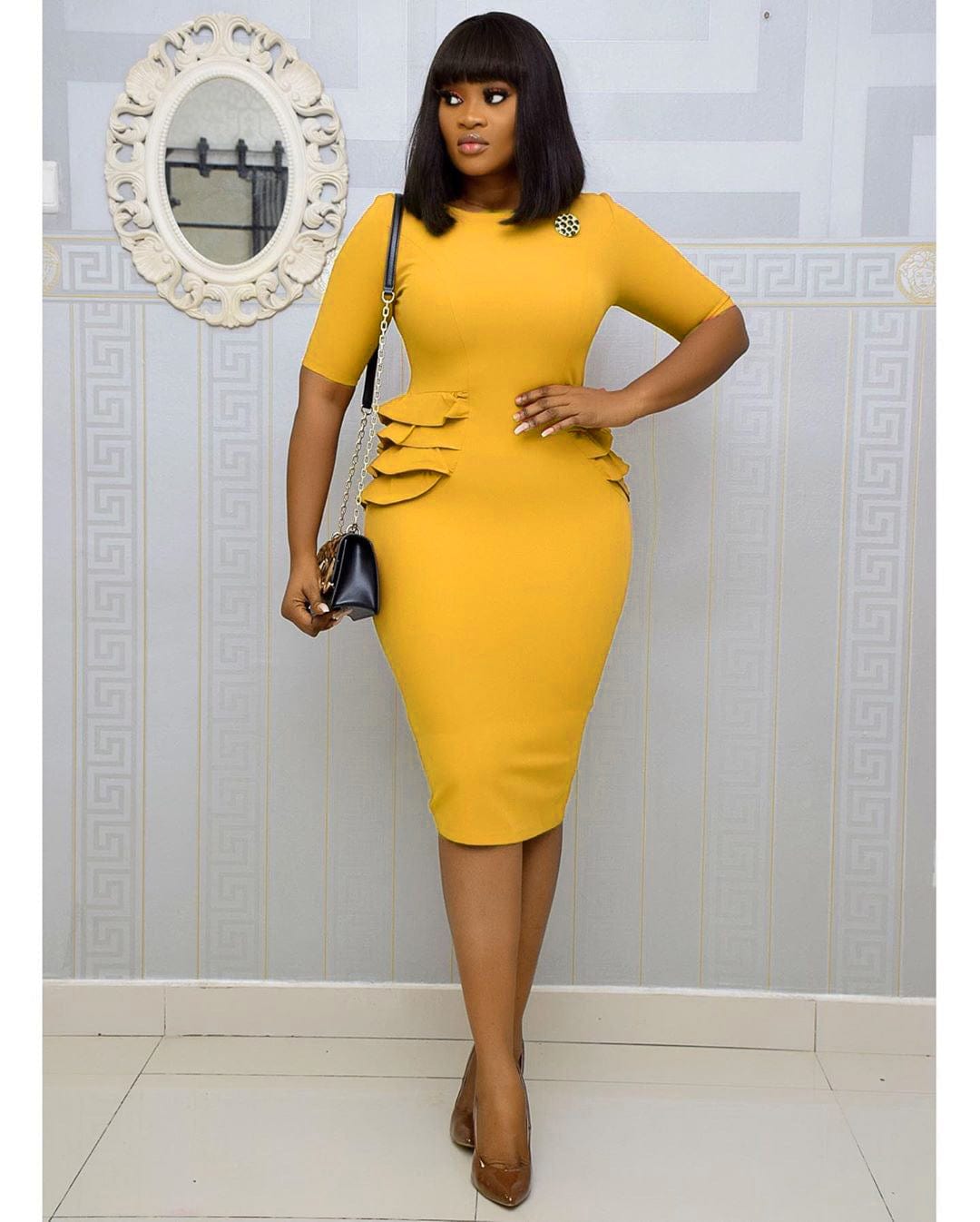 Elegant O Neck Bodycon Half Sleeves Ruffles Casual Office Ladies Dress