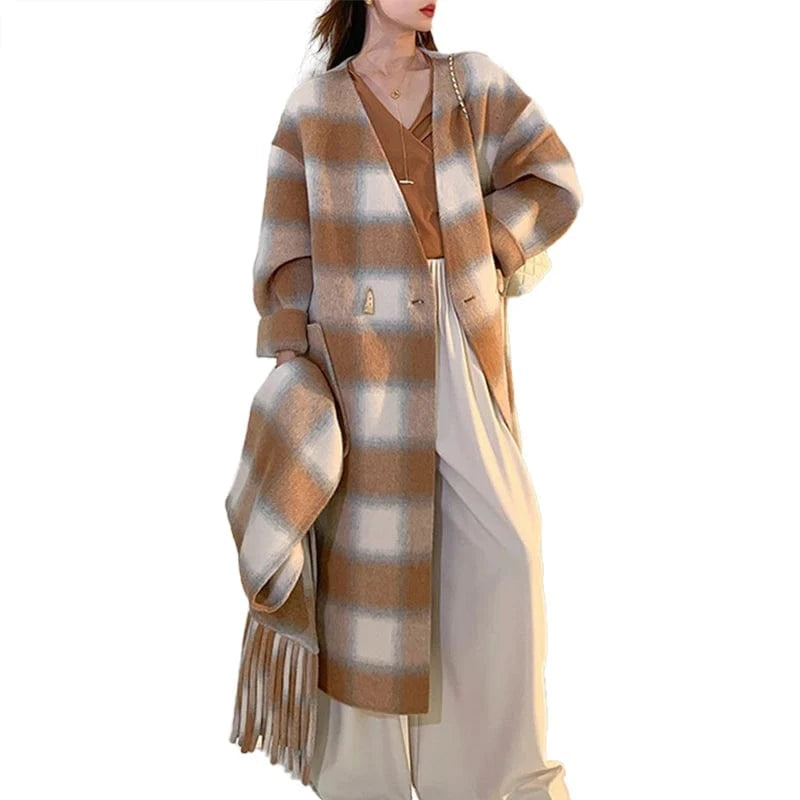 Elegant Plaid Korean Wool Overcoat Women Long Wool Winter Coat with Tassel Scarf