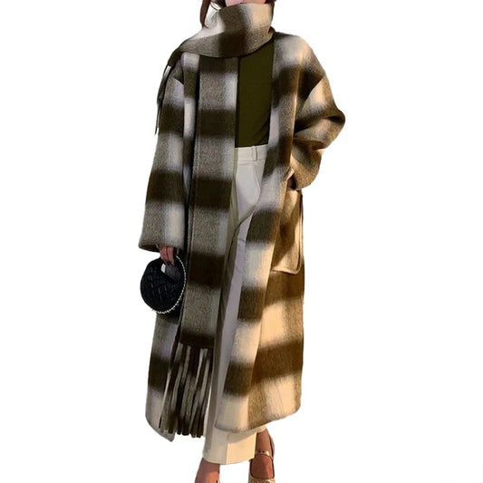 Elegant Plaid Korean Wool Overcoat Women Long Wool Winter Coat with Tassel Scarf
