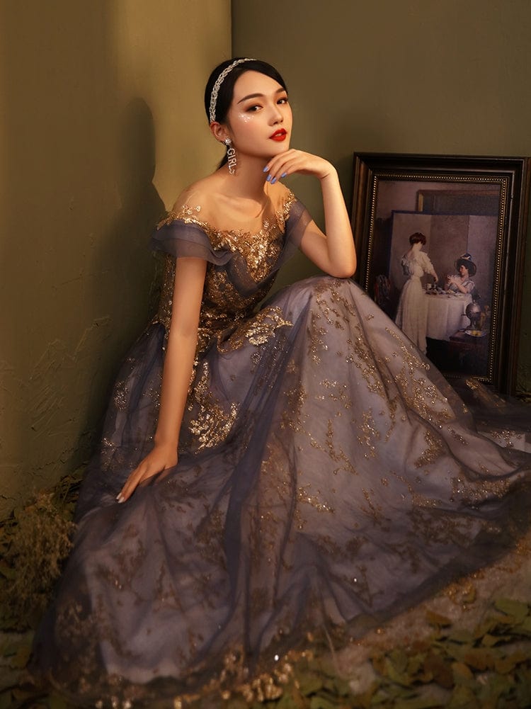 Elegant Sequin lace women party sexy back open gown prom evening dress