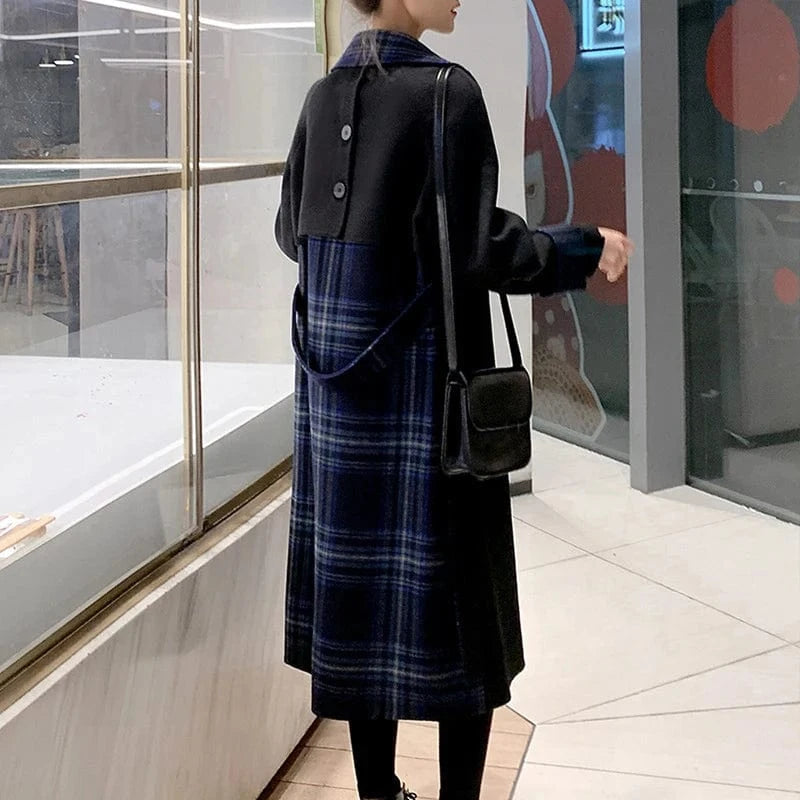 Elegant Turn Down Collar Cashmere Coat Women Belted Stitching Plaid 100% Wool Coat