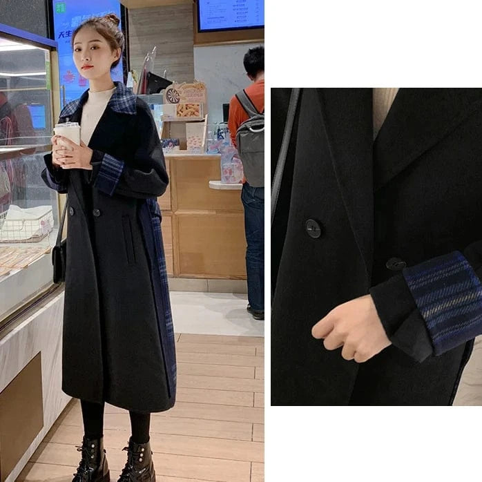 Elegant Turn Down Collar Cashmere Coat Women Belted Stitching Plaid 100% Wool Coat