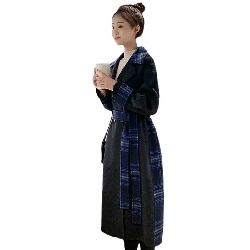 Elegant Turn Down Collar Cashmere Coat Women Belted Stitching Plaid 100% Wool Coat