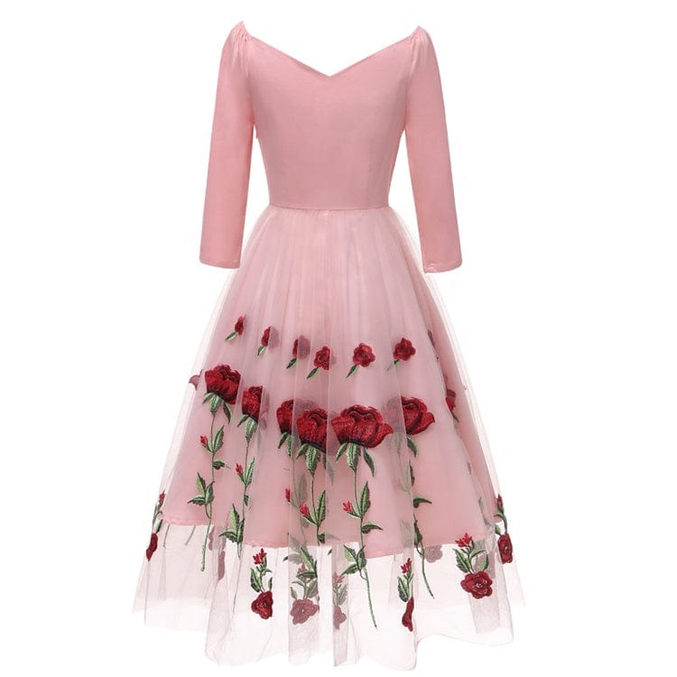 Elegant V-neck Three Quarter Sleeves Knee-length Women Party Dresses Romantic Rose Floral Embroidery Lace Tulle Dress
