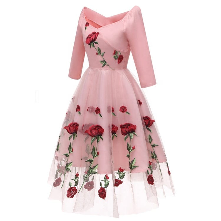 Elegant V-neck Three Quarter Sleeves Knee-length Women Party Dresses Romantic Rose Floral Embroidery Lace Tulle Dress