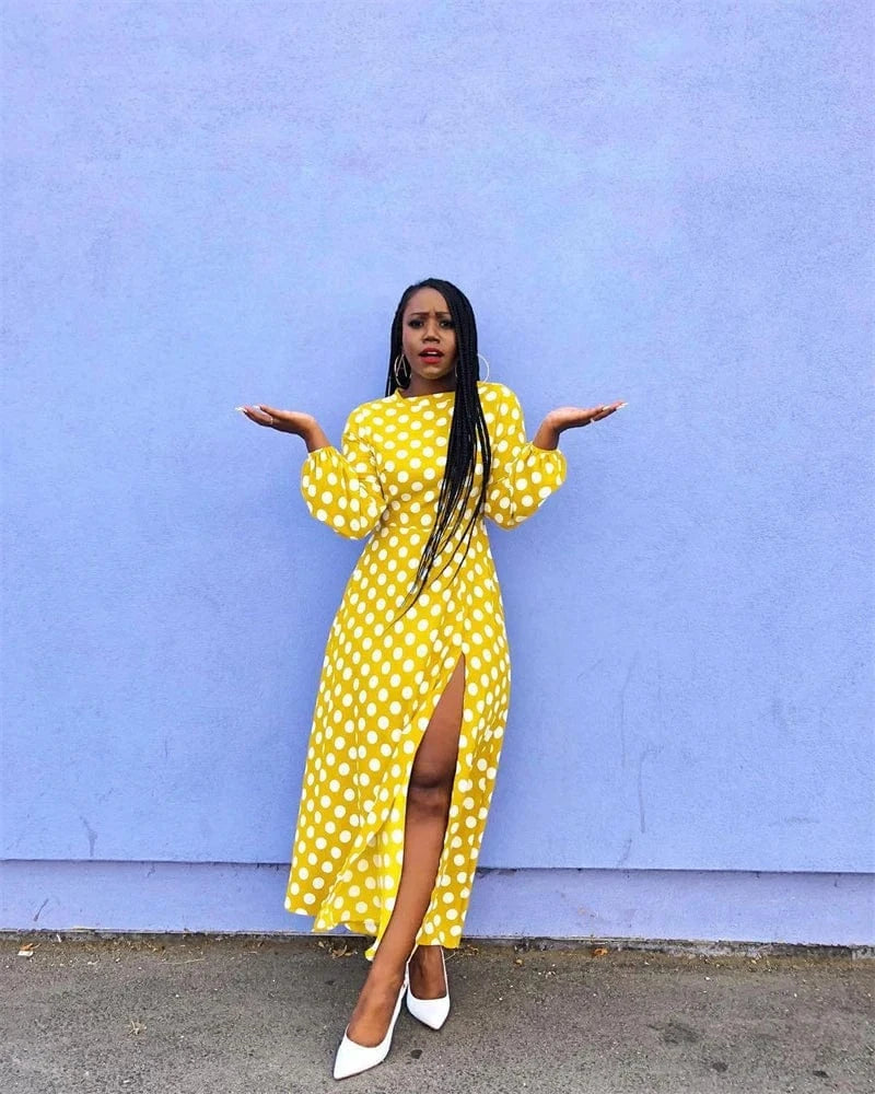 elegant women lady yellow dot print african party long sleeve high slit midi dress women streetwear boutique clothing for women