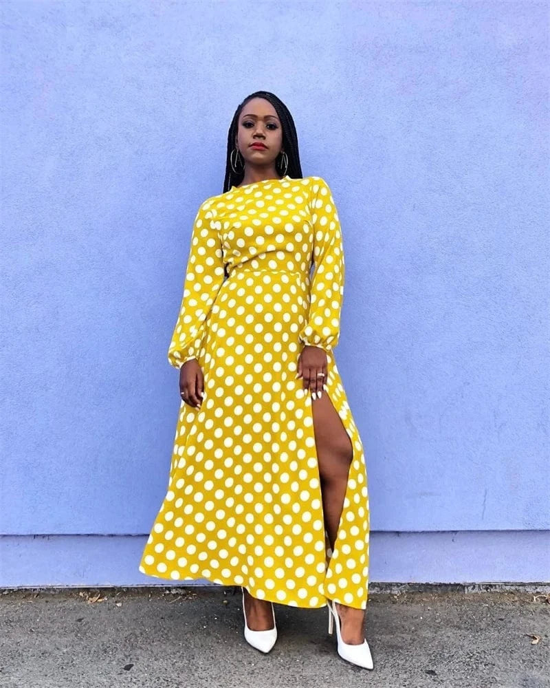 elegant women lady yellow dot print african party long sleeve high slit midi dress women streetwear boutique clothing for women
