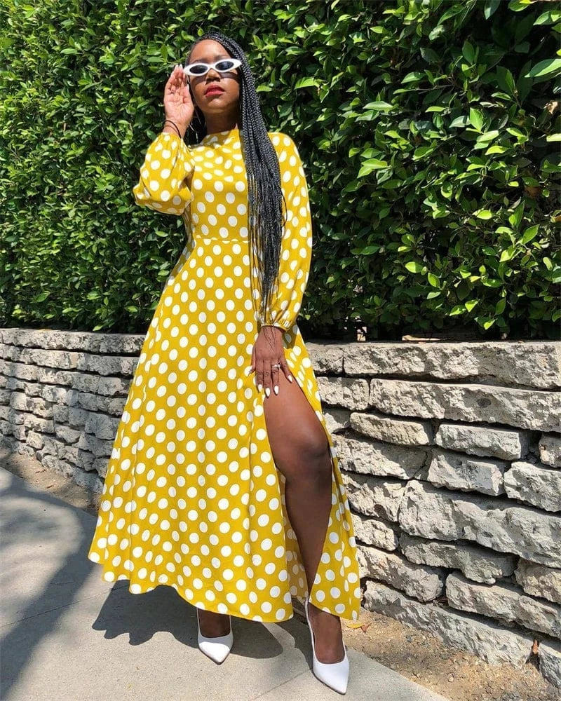 elegant women lady yellow dot print african party long sleeve high slit midi dress women streetwear boutique clothing for women