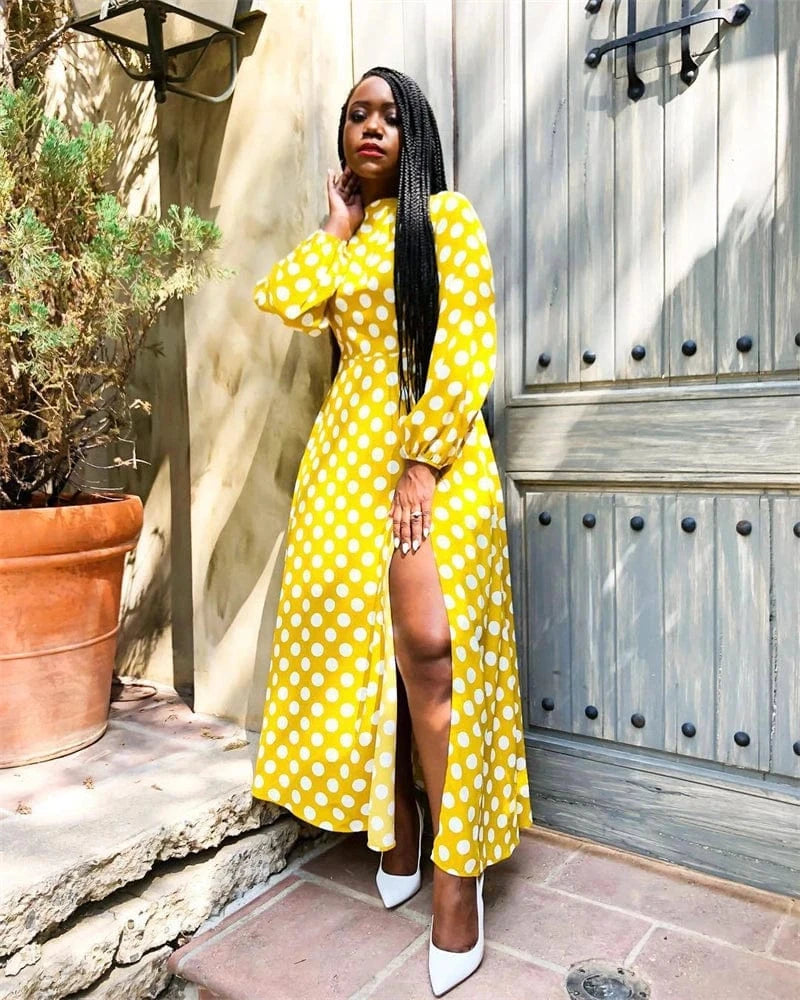 elegant women lady yellow dot print african party long sleeve high slit midi dress women streetwear boutique clothing for women