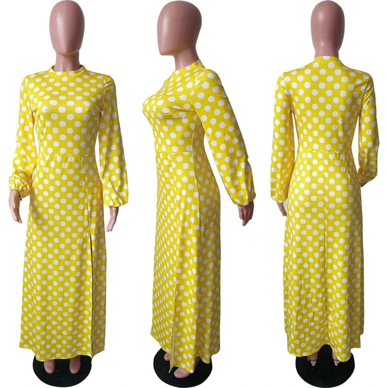 elegant women lady yellow dot print african party long sleeve high slit midi dress women streetwear boutique clothing for women