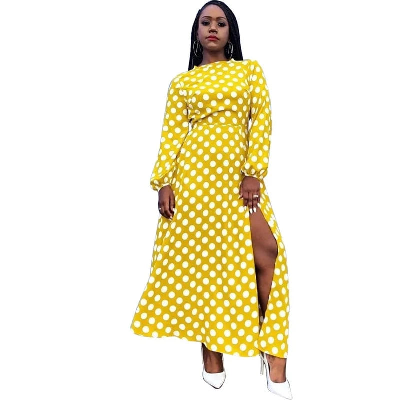 elegant women lady yellow dot print african party long sleeve high slit midi dress women streetwear boutique clothing for women