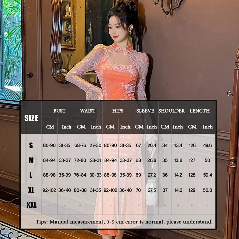 elegant ZYHT 20961 Lady Mandarin Collar Sexy Lace Stitching Prom Dress Hollow Out Slim Fit Velvet Fishtail Dresses