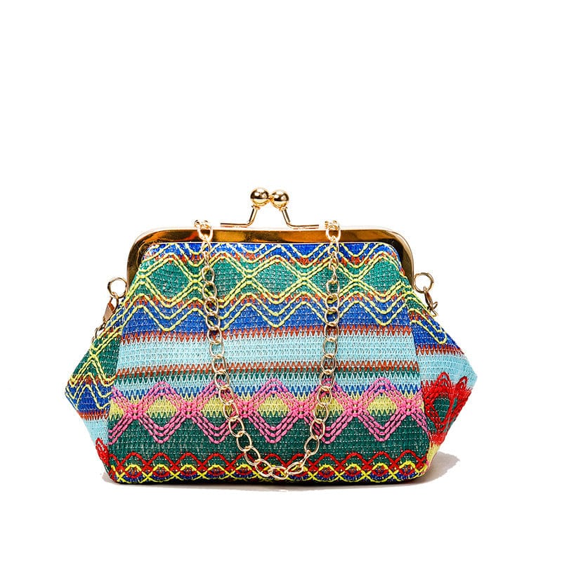 Ethnic Boho Women Colorful Shell Clutch Purse Ladies Small Straw Messenger Bag with Chain