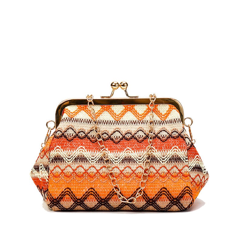 Ethnic Boho Women Colorful Shell Clutch Purse Ladies Small Straw Messenger Bag with Chain