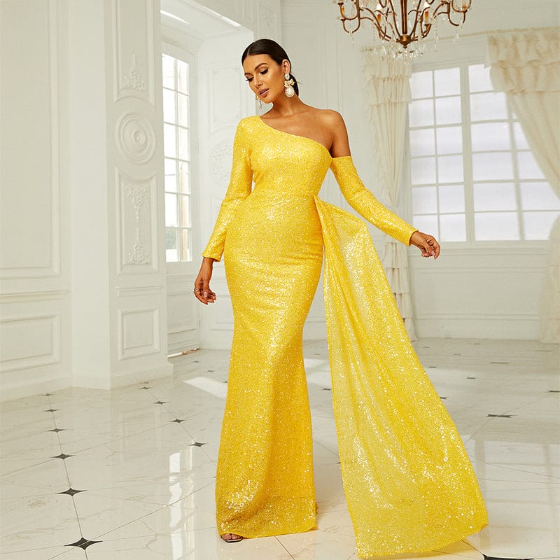 Europe Plus Size One Shoulder Puffy Sequin Prom Gowns Luxury Clothes Woman Trumpet Mermaid Yellow Party Evening Dress