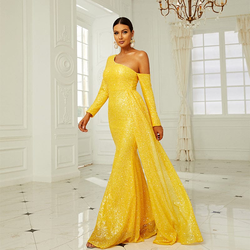 Europe Plus Size One Shoulder Puffy Sequin Prom Gowns Luxury Clothes Woman Trumpet Mermaid Yellow Party Evening Dress