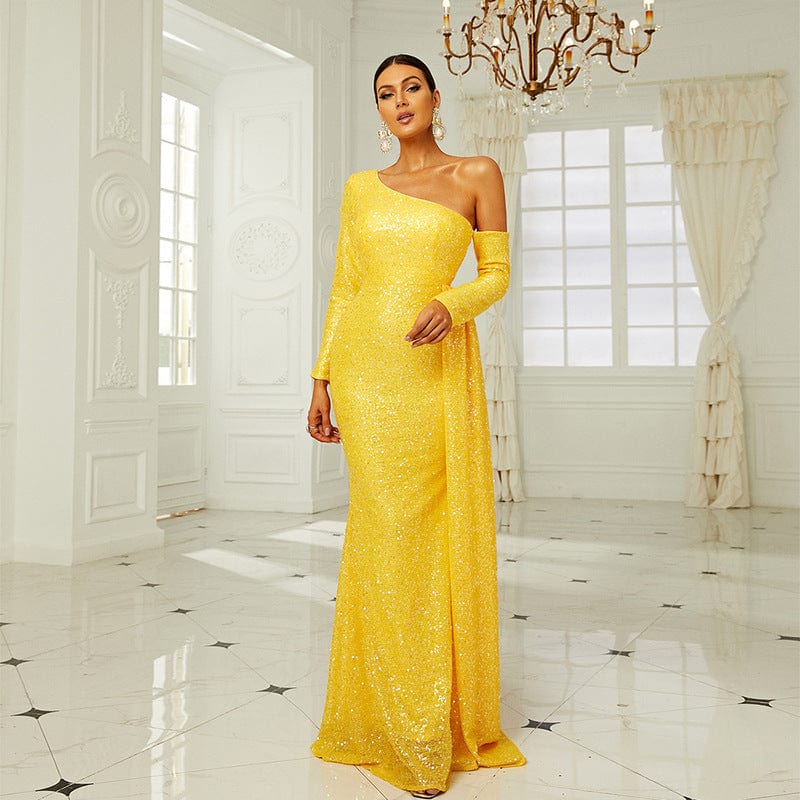 Europe Plus Size One Shoulder Puffy Sequin Prom Gowns Luxury Clothes Woman Trumpet Mermaid Yellow Party Evening Dress