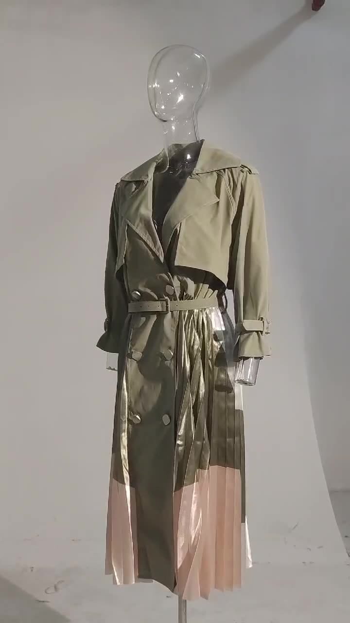 Europe Style Double Breasted Long Pleated Patchwork Skirt 2022 Autumn New Fashion Temperament Women Trend Trench Coat