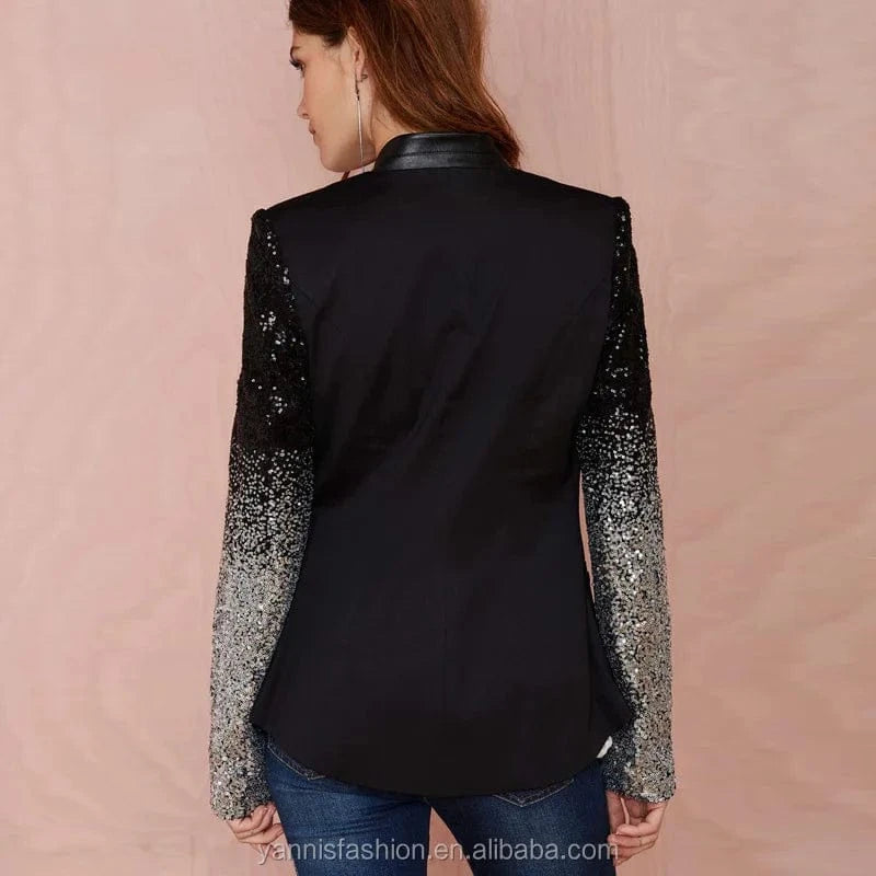 European America Coat S/3 XL Plus Size Stitching Sequins Single Buckle Blazer Slim Black Women Jackets blazer feminino E3023