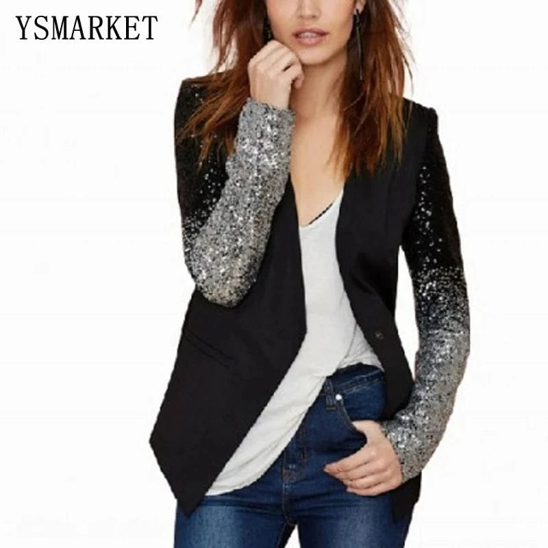 European America Coat S/3 XL Plus Size Stitching Sequins Single Buckle Blazer Slim Black Women Jackets blazer feminino E3023