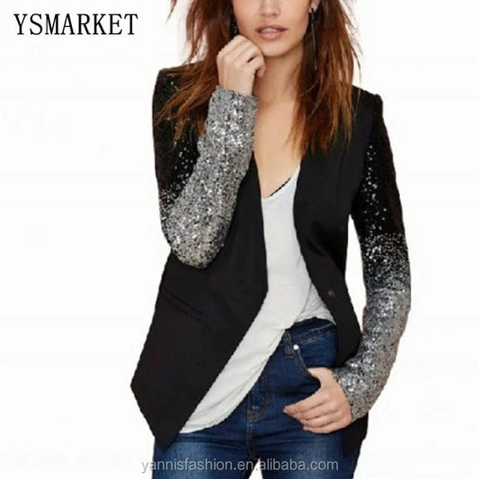 European America Coat S/3 XL Plus Size Stitching Sequins Single Buckle Blazer Slim Black Women Jackets blazer feminino E3023