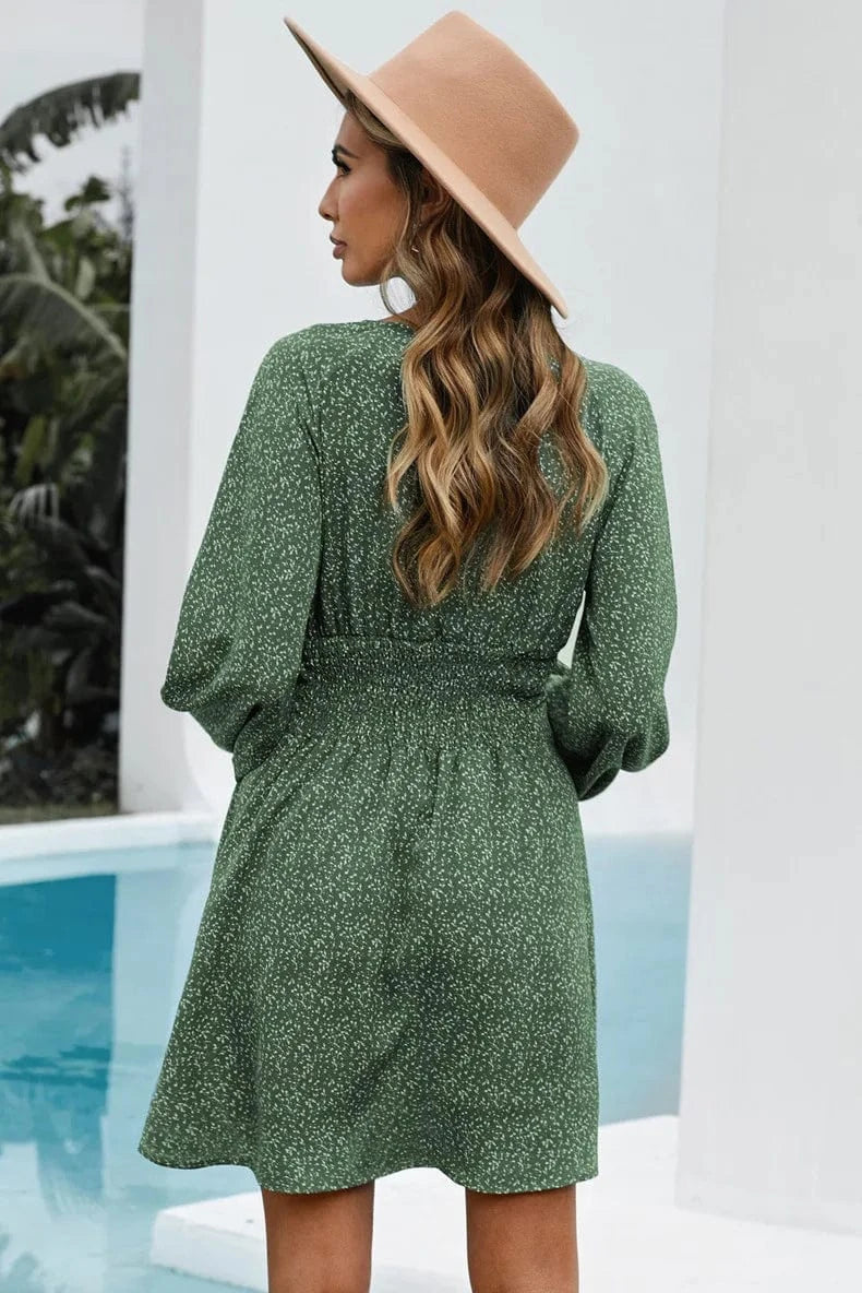 European and American 2024 Spring New Wave dot dress women's V-neck Long sleeve Pleated waist Slim-fit Women's dress