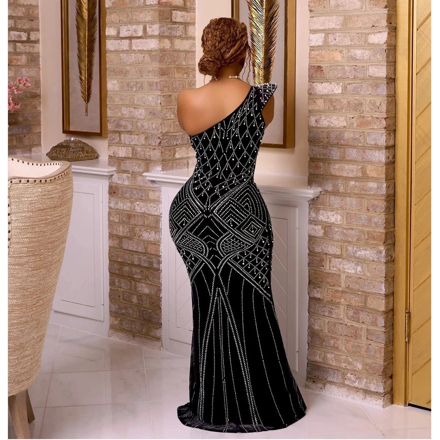 European and American fashion women's solid color hot diamond slanted collar long skirt dress