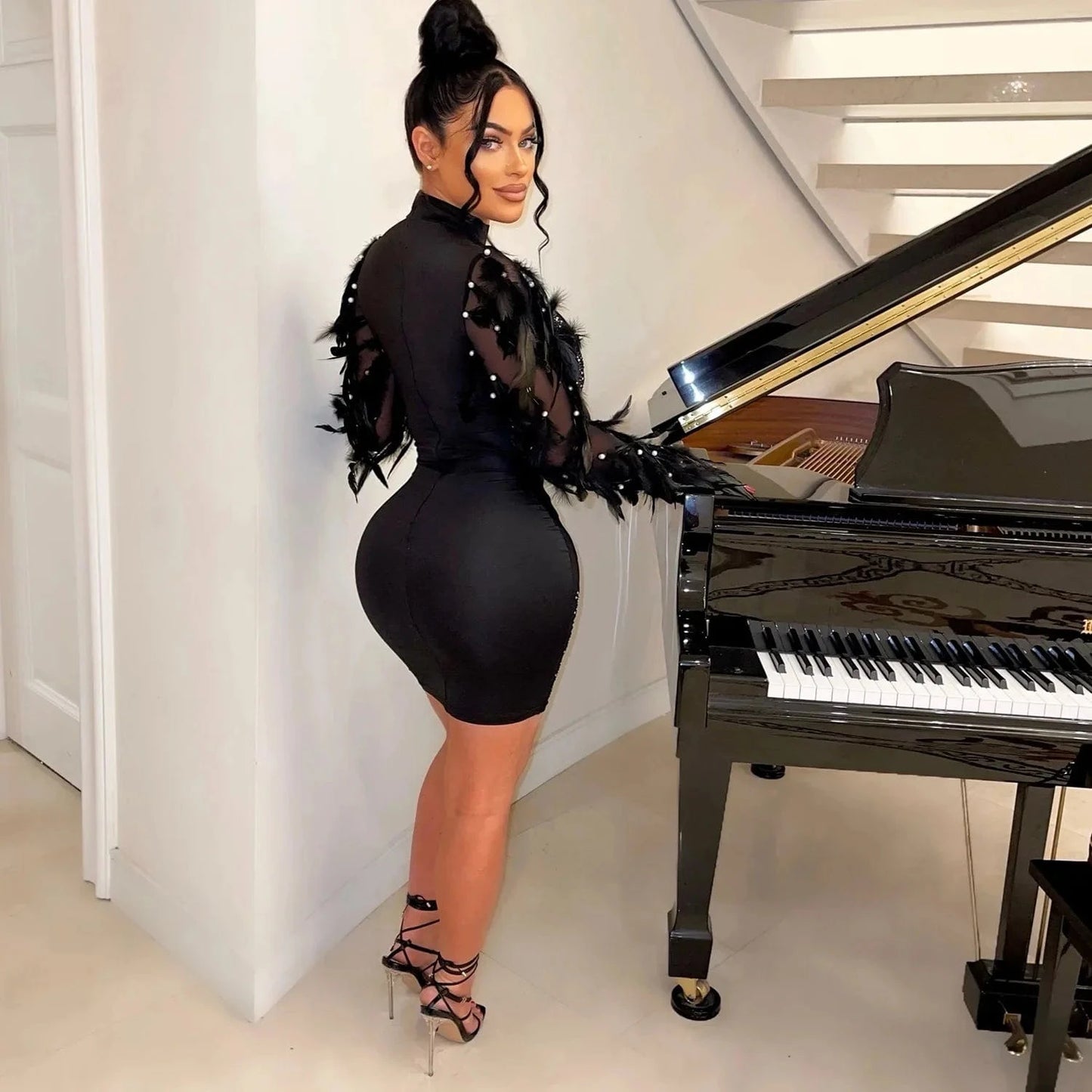 European and American fashion women's solid color mesh hot diamond long-sleeved short skirt dress