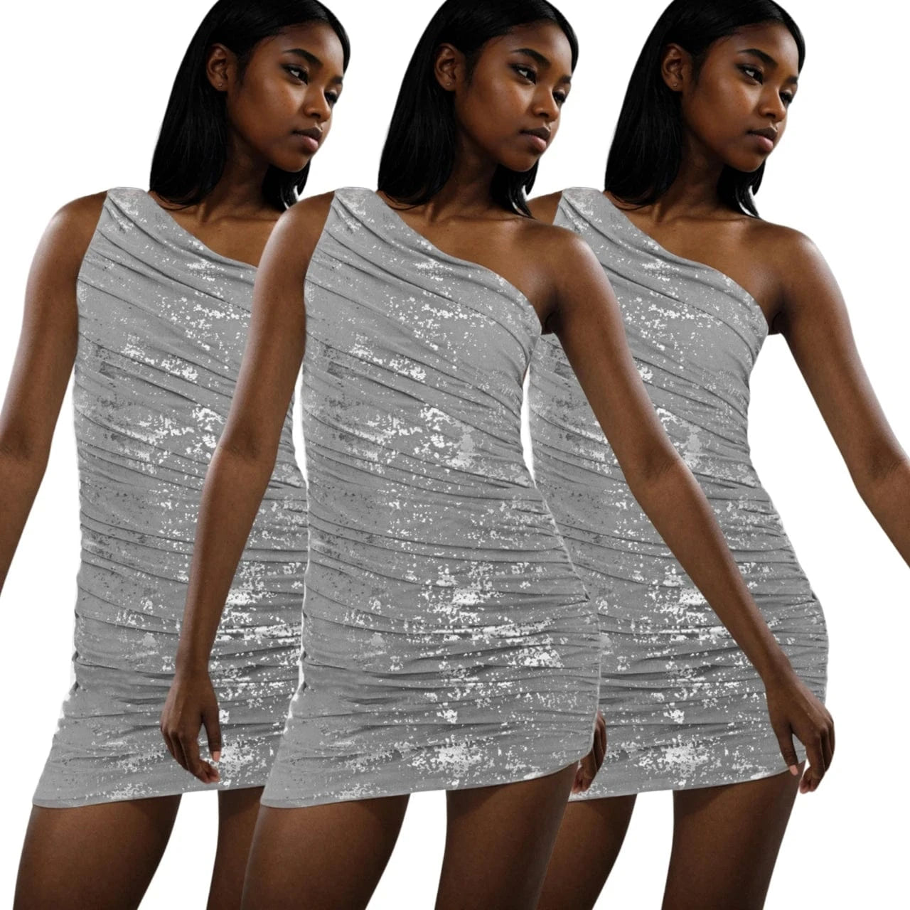 European and American spring and summer new women's clothing one-shoulder mesh bronzing slim sexy hip wrapping dress