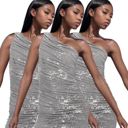 European and American spring and summer new women's clothing one-shoulder mesh bronzing slim sexy hip wrapping dress