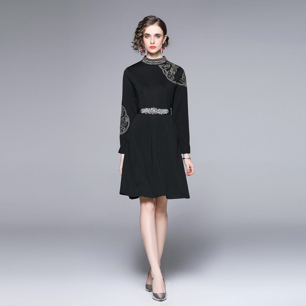 European and American style embroidery 2022 new dress high-end temperament new Hepburn style black dress swing + belt XA9126078