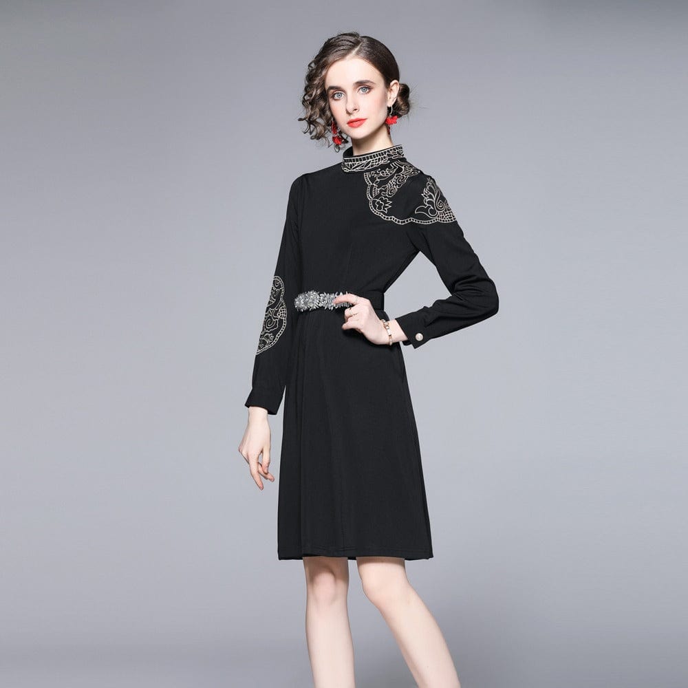 European and American style embroidery 2022 new dress high-end temperament new Hepburn style black dress swing + belt XA9126078