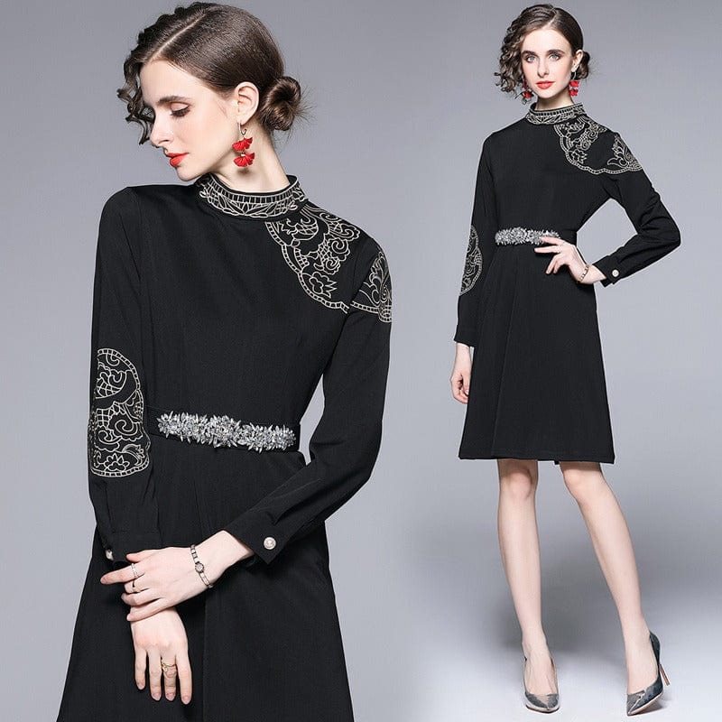 European and American style embroidery 2022 new dress high-end temperament new Hepburn style black dress swing + belt XA9126078