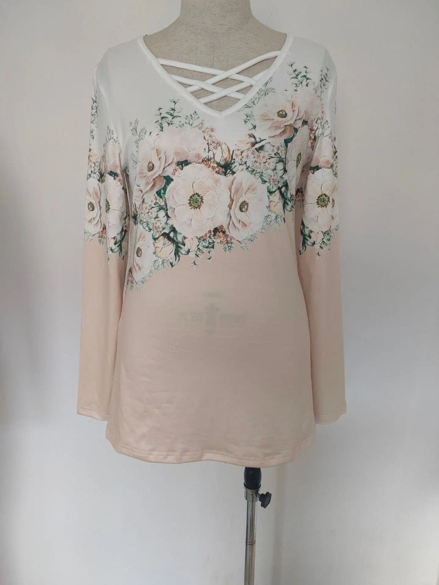 European and American Women's Autumn New loose neckline Cross V-neck Flower printed Long sleeve Women's T-shirt