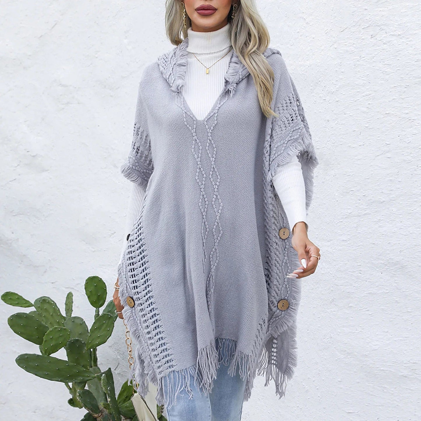 European and American Women's casual Loose V-neck Hooded pullover Mid-length sweater Vest Cape coat
