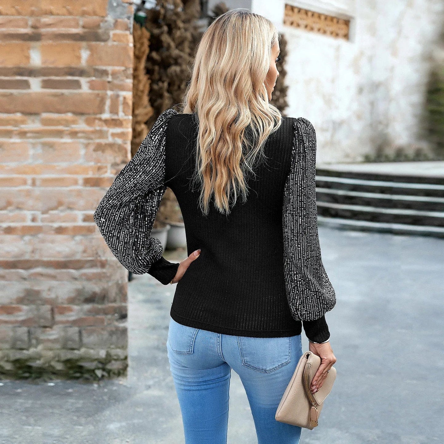 European and American Women's clothing 2023 Autumn and Winter  Semi-high collar Long sleeve Sequin Stitching Knitted top