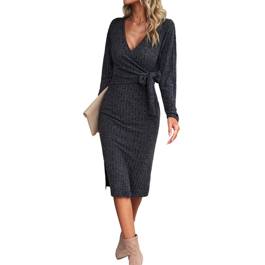 European and American Women's clothing 2023 Autumn and Winter V-neck Long-sleeved Knitted slim Strap dress