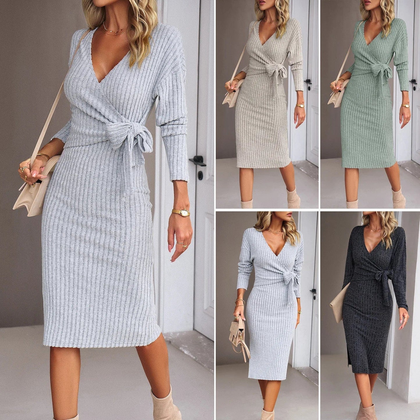 European and American Women's clothing 2023 Autumn and Winter V-neck Long-sleeved Knitted slim Strap dress