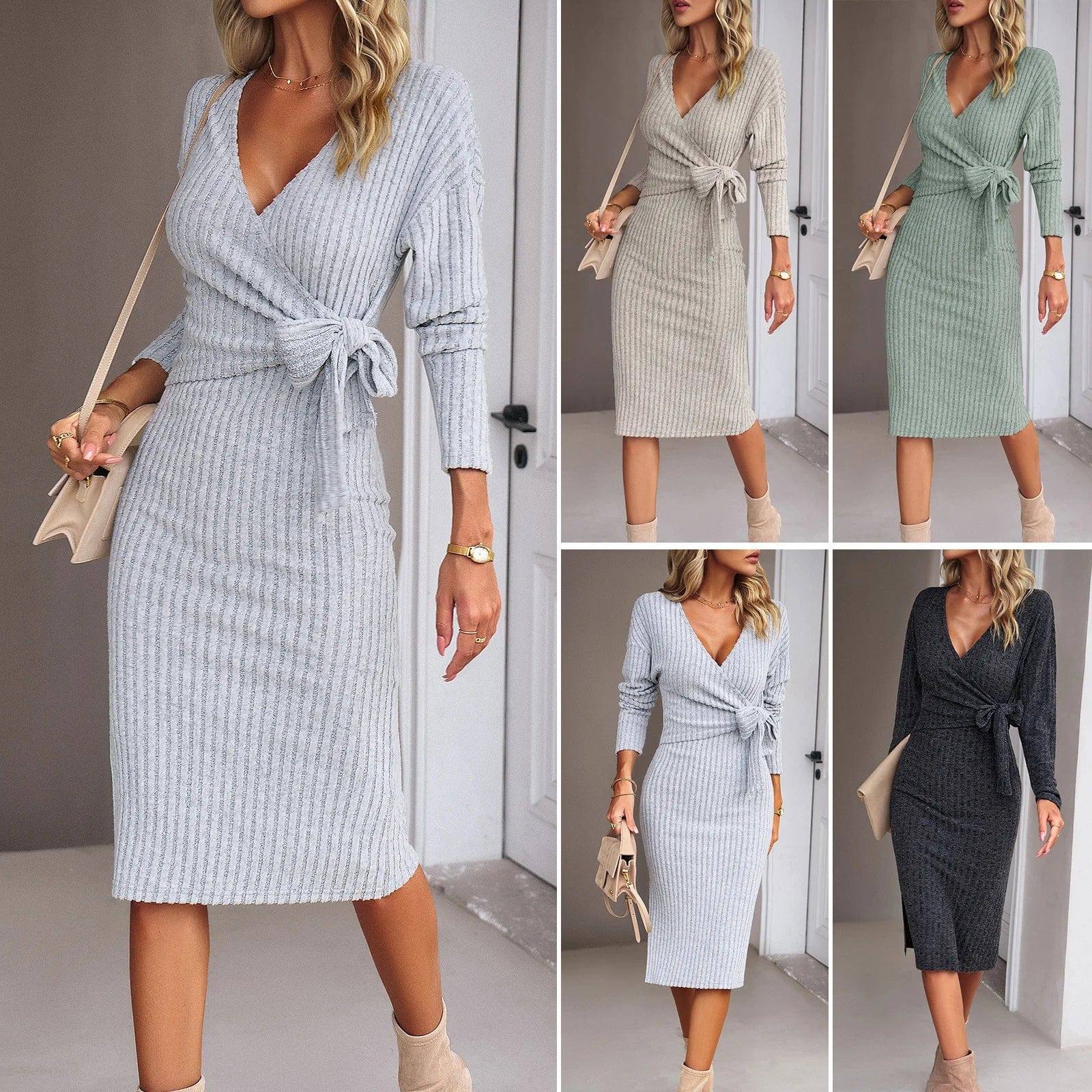 European and American Women's clothing 2023 Autumn and Winter V-neck Long-sleeved Knitted slim Strap dress