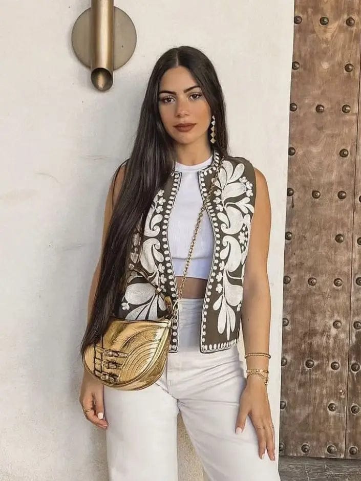 European and American women's clothing 2023 Summer new European and American cardigan sleeveless embroidered vest women's top