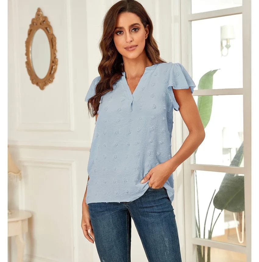 European and American Women's clothing 2023 Summer new V-neck Pleated lotus Leaf sleeve Fur ball top Chiffon shirt