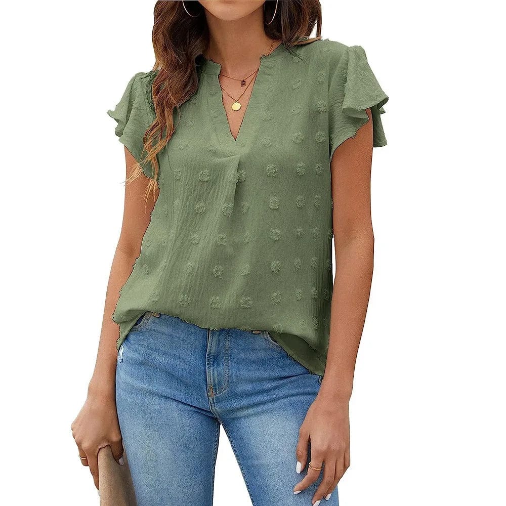 European and American Women's clothing 2023 Summer new V-neck Pleated lotus Leaf sleeve Fur ball top Chiffon shirt