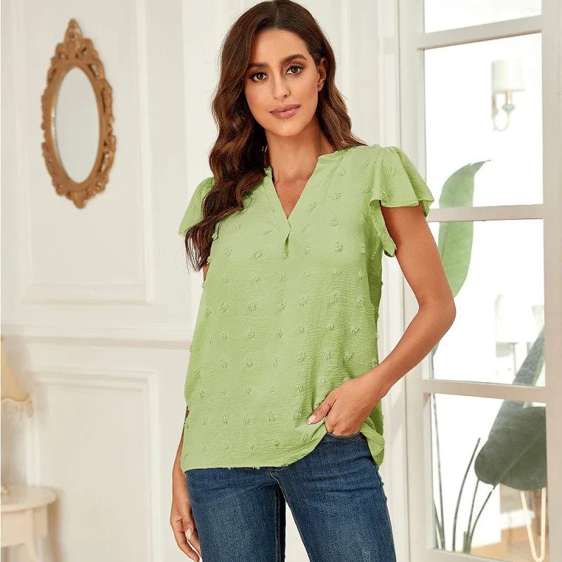 European and American Women's clothing 2023 Summer new V-neck Pleated lotus Leaf sleeve Fur ball top Chiffon shirt