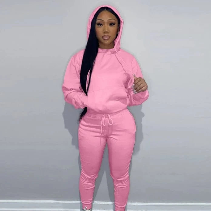 European And American Women's Clothing Solid Color Casual Sports Jogger  Two Piece Hoodie Set