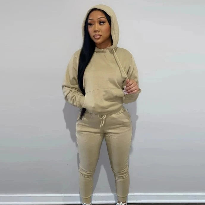 European And American Women's Clothing Solid Color Casual Sports Jogger  Two Piece Hoodie Set