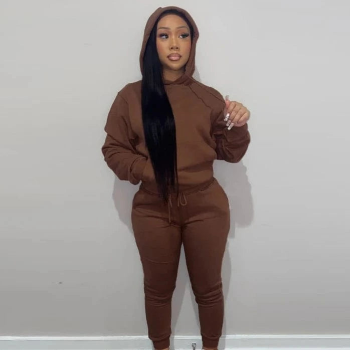 European And American Women's Clothing Solid Color Casual Sports Jogger  Two Piece Hoodie Set